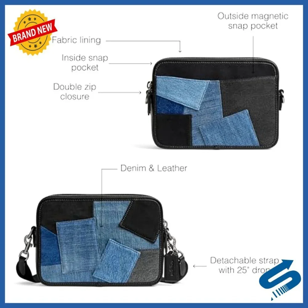 Men's Denim Leather Crossbody Bag with Two Zip Compartments Adjustable Strap